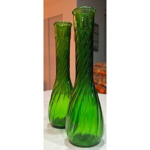 Vintage Hoosier glass emerald green swirl flower bud vases.